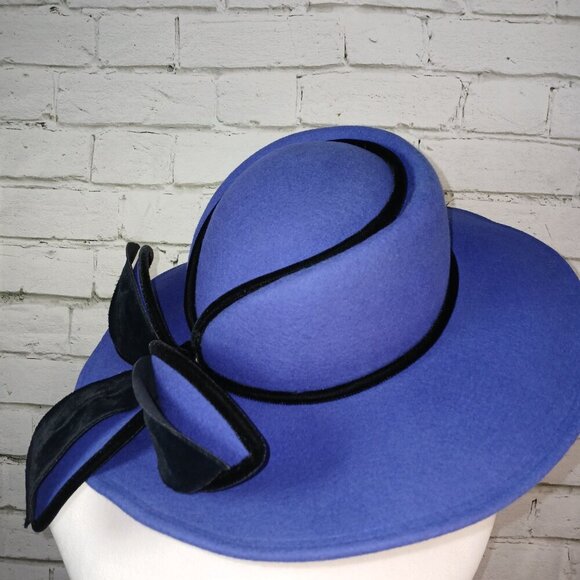 MR D DESIGNER WOOL HAT, WOMEN'S, ELECTRIC BLUE WITH BLACK FLORAL LEAF DESIGN - Picture 8 of 12